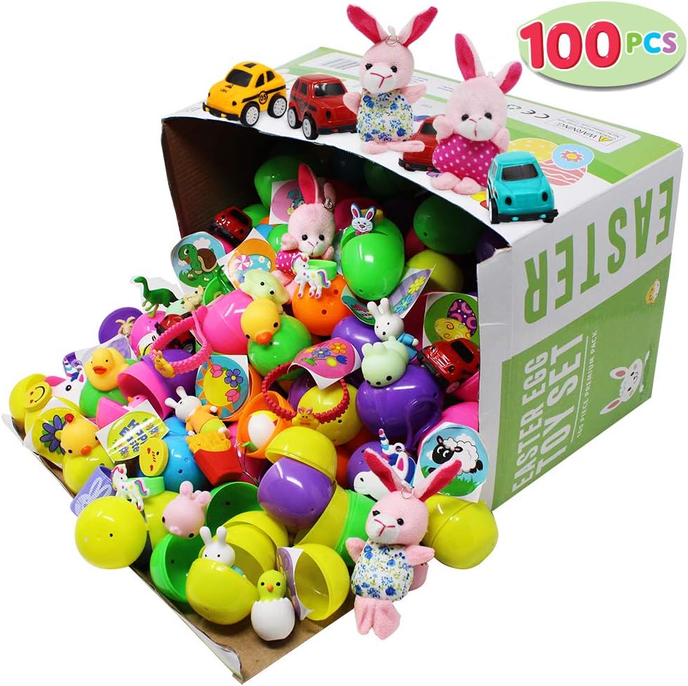 100 Pcs Prefilled Easter Eggs with Toys Plus Stickers, Filled with Toys Party Favors for Kids Boys Girls Easter Eggs Hunt, Basket Stuffers Fillers, Classroom Prize Supplies