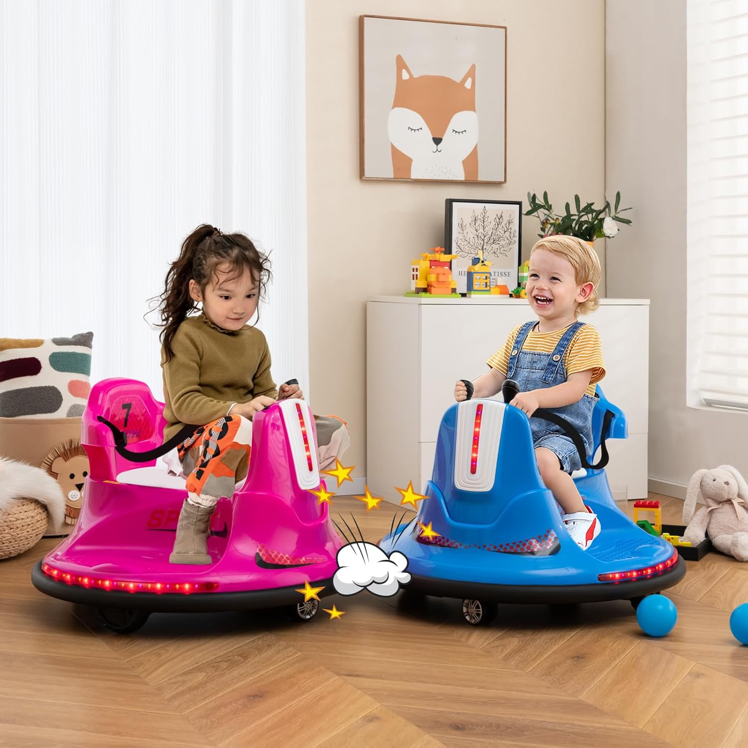 Costzon 12V Kids Ride On Bumper Car, Electric Bumper Car w/Dual Joysticks, Remote Control, 360° Spin, Slow Start Function, LED Lights & Fun Music, Adjustable Safety Belt, Soft Bumper (Pink)