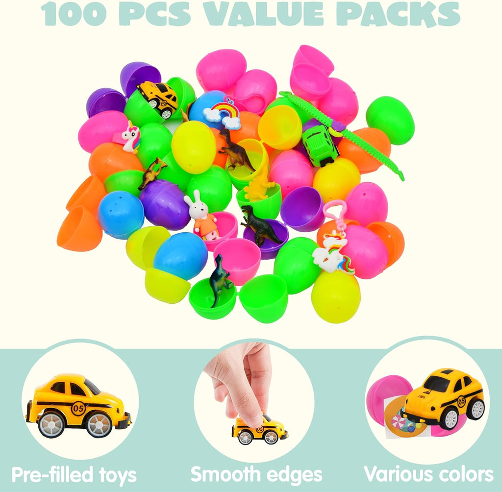 100 Pcs Prefilled Easter Eggs with Toys Plus Stickers, Filled with Toys Party Favors for Kids Boys Girls Easter Eggs Hunt, Basket Stuffers Fillers, Classroom Prize Supplies