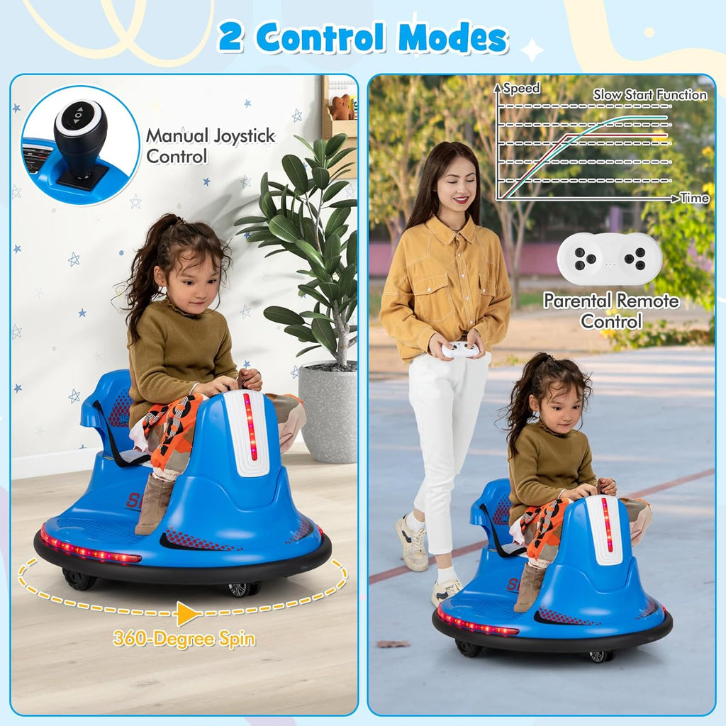 Costzon 12V Kids Ride On Bumper Car, Electric Bumper Car w/Dual Joysticks, Remote Control, 360° Spin, Slow Start Function, LED Lights & Fun Music, Adjustable Safety Belt, Soft Bumper (Pink)