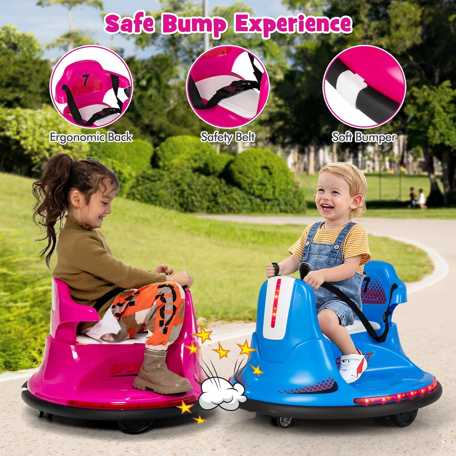 Costzon 12V Kids Ride On Bumper Car, Electric Bumper Car w/Dual Joysticks, Remote Control, 360° Spin, Slow Start Function, LED Lights & Fun Music, Adjustable Safety Belt, Soft Bumper (Pink)