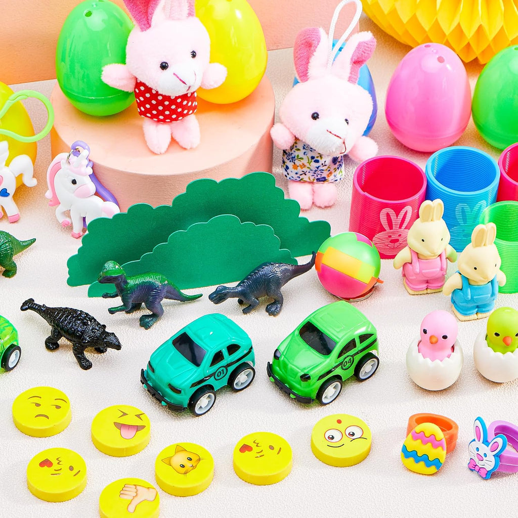 100 Pcs Prefilled Easter Eggs with Toys Plus Stickers, Filled with Toys Party Favors for Kids Boys Girls Easter Eggs Hunt, Basket Stuffers Fillers, Classroom Prize Supplies