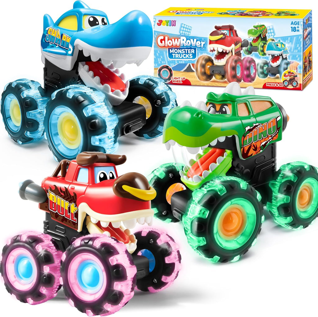 JOYIN 3 Pack Monster Truck Toy - Motion Activated Light Up Cars for Toddlers - Monster Glow Rover LED Wheels - Baby Boy Toys - Press and Go Dinosaur Trucks for Kids Boys Birthday Gifts for Christmas
